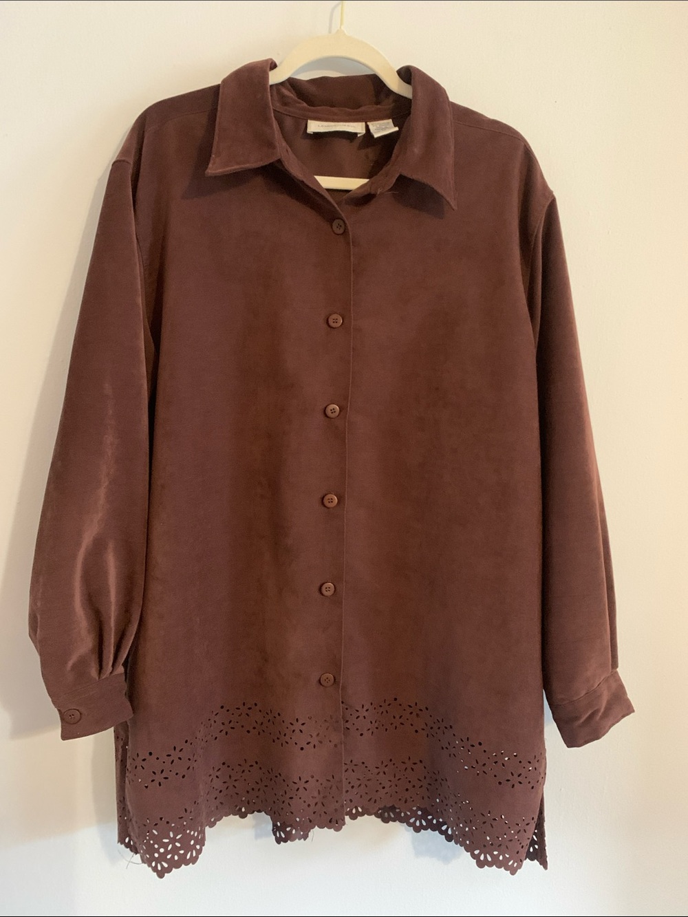 LEMON GRASS Brown Laser-Cut Hem Button-Down Shirt